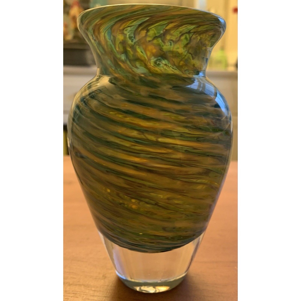 Vintage Art Glass Miniature Vase Blue White Yellow Swirl. 3" x 4.5" DG 08
